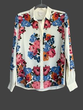 SEZANE NWT Cream Pink & Blue Floral Printed Silk Button Down Shirt Anouk Blouse
